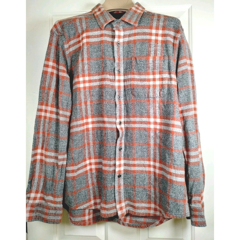 prAna Mens Flannel Shirt Large Orange Gray Plaid Organic Cotton Button Down